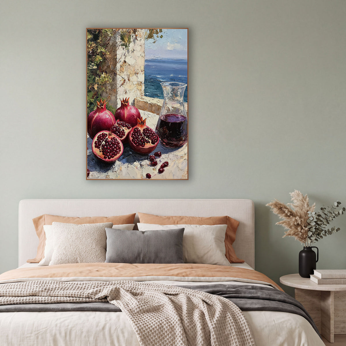 Seaside Pomegranate Still Life Coastal wall art in a bright coastal-style room – still life of whole and halved