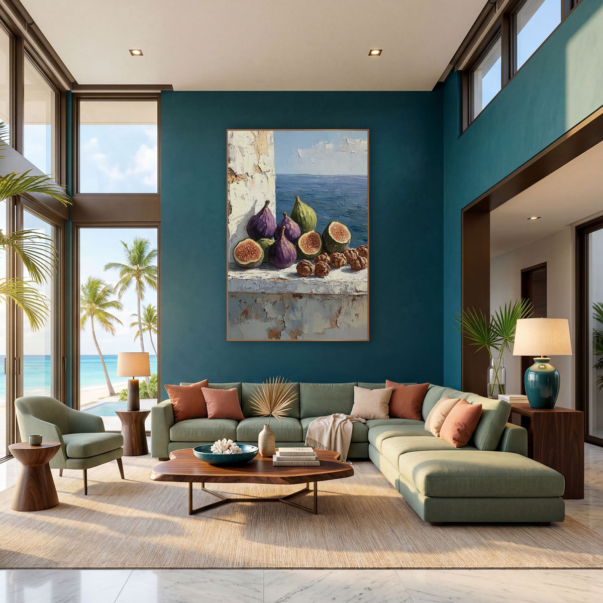 Halved Figs Walnuts Ledge Rustic wall art in a bright coastal-style room – still life of purple and green figs