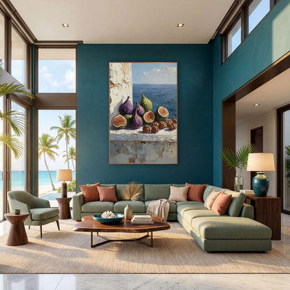 Halved Figs Walnuts Ledge Rustic wall art in a bright coastal-style room – still life of purple and green figs