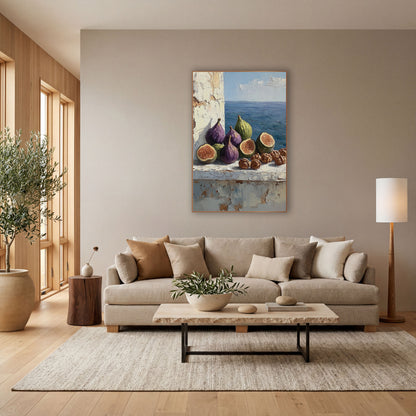 Halved Figs Walnuts Ledge Rustic wall art in a bright coastal-style room – still life of purple and green figs