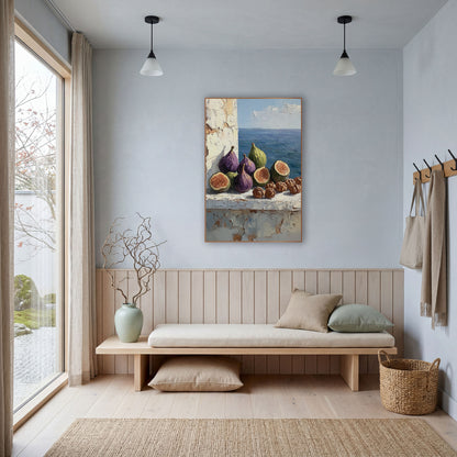 Halved Figs Walnuts Ledge Rustic wall art in a bright coastal-style room – still life of purple and green figs