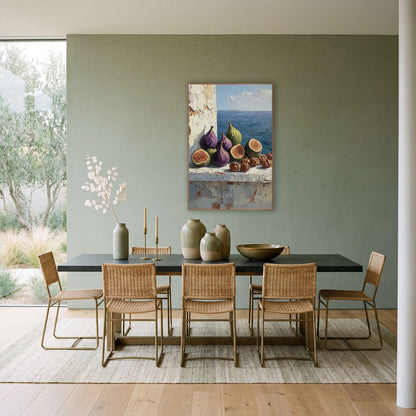 Halved Figs Walnuts Ledge Rustic wall art in a bright coastal-style room – still life of purple and green figs