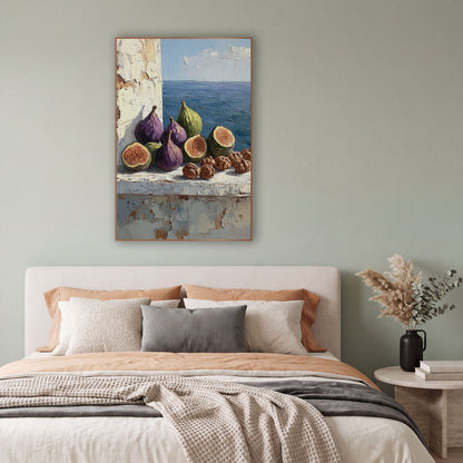 Halved Figs Walnuts Ledge Rustic wall art in a bright coastal-style room – still life of purple and green figs