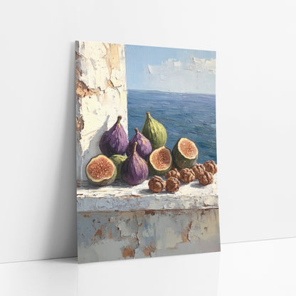 Halved Figs Walnuts Ledge Rustic art print leaning against a white wall – still life of purple and green figs and walnuts