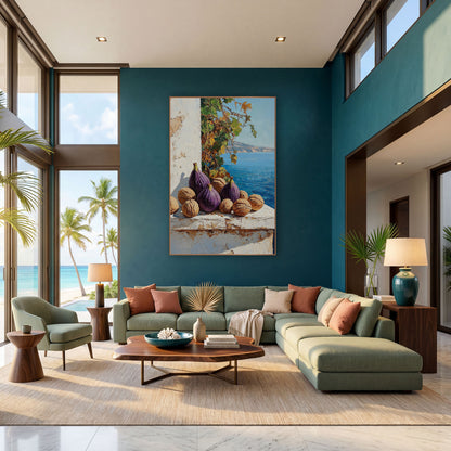 Walnut Fig Vine Cove Farmhouse wall art in a bright coastal-style room – still life of purple figs and walnuts