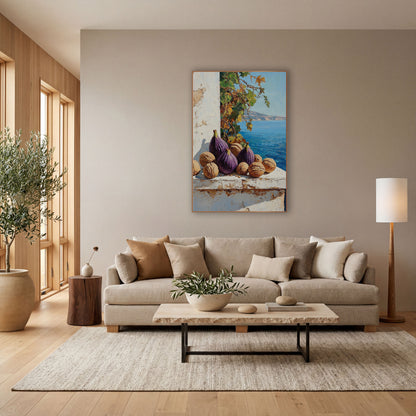 Walnut Fig Vine Cove Farmhouse wall art in a bright coastal-style room – still life of purple figs and walnuts