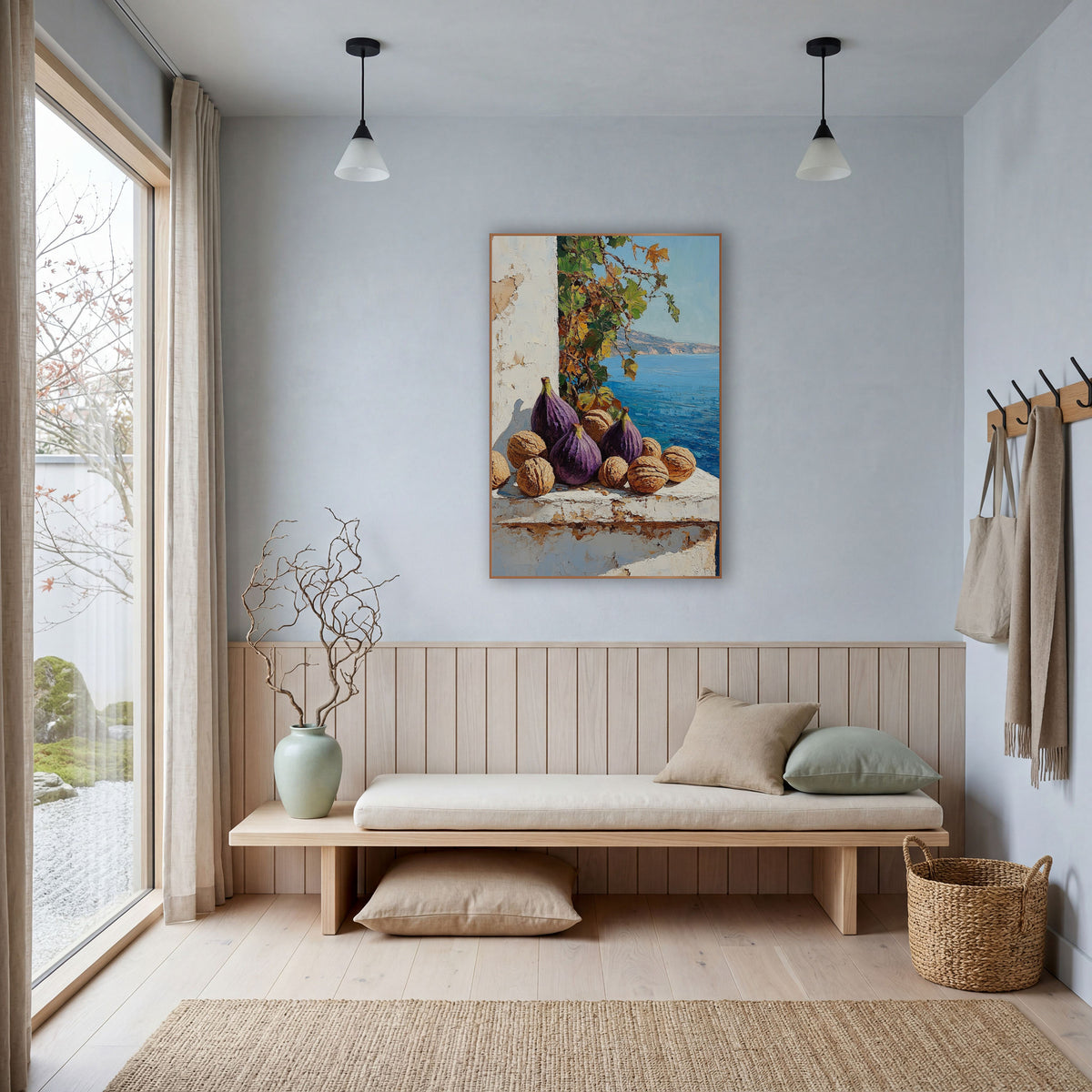 Walnut Fig Vine Cove Farmhouse wall art in a bright coastal-style room – still life of purple figs and walnuts