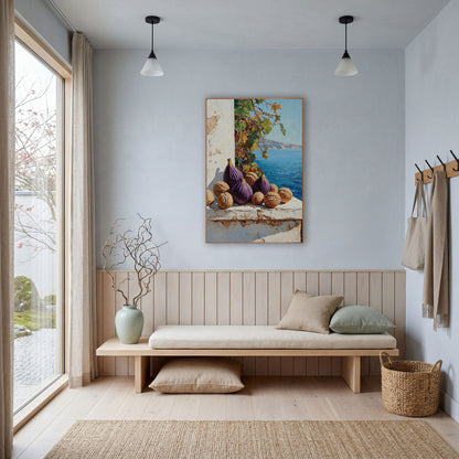 Walnut Fig Vine Cove Farmhouse wall art in a bright coastal-style room – still life of purple figs and walnuts