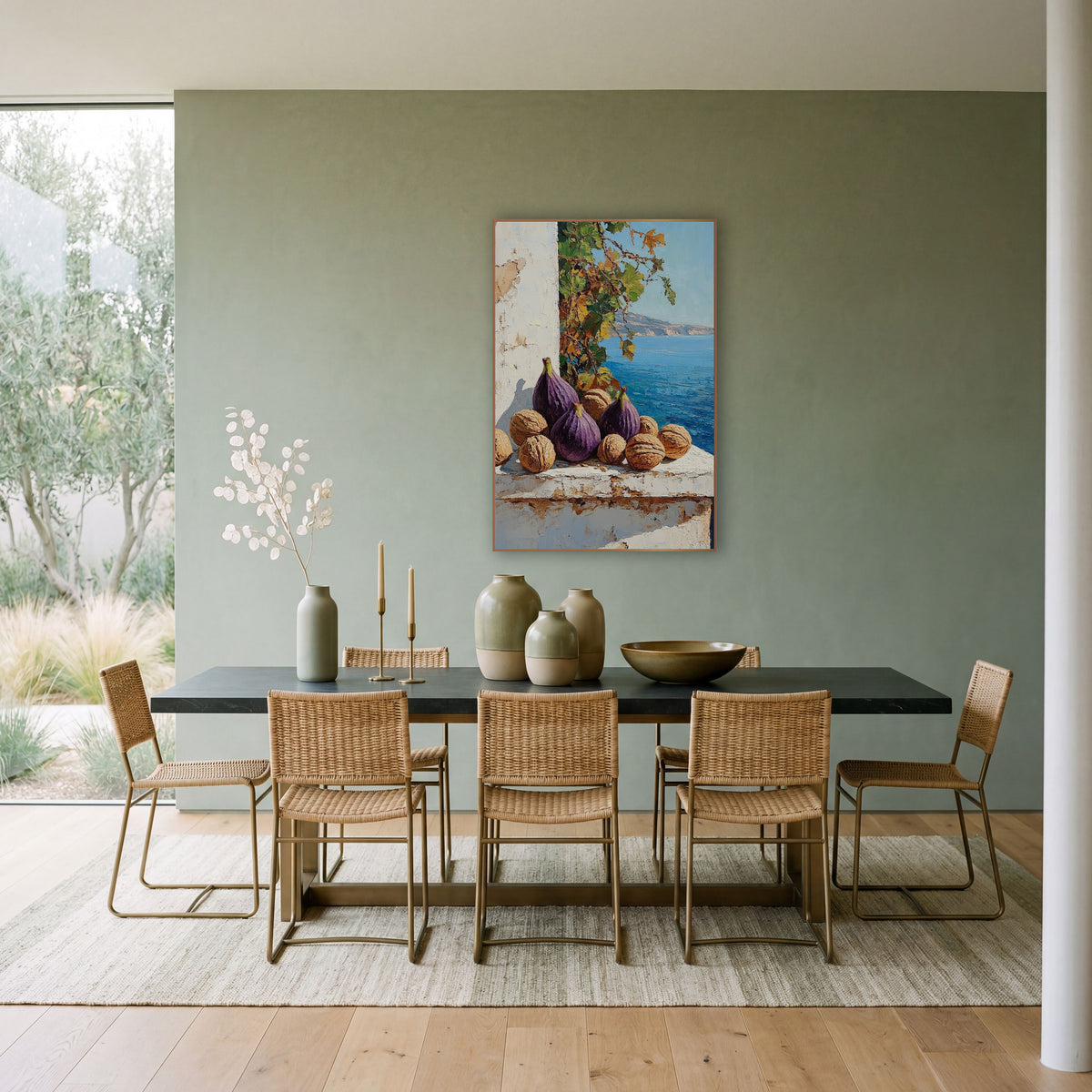 Walnut Fig Vine Cove Farmhouse wall art in a bright coastal-style room – still life of purple figs and walnuts