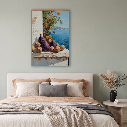 Walnut Fig Vine Cove Farmhouse wall art in a bright coastal-style room – still life of purple figs and walnuts