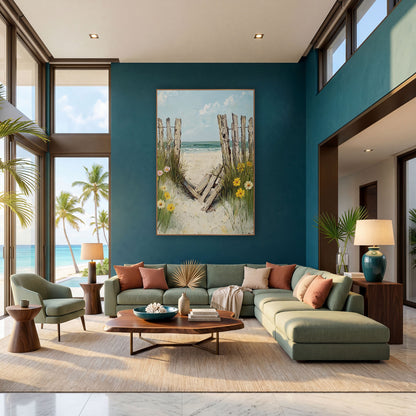 Broken Beach Fence Coastal Daisies wall art in a bright coastal-style room – weathered wooden beach fence with fallen