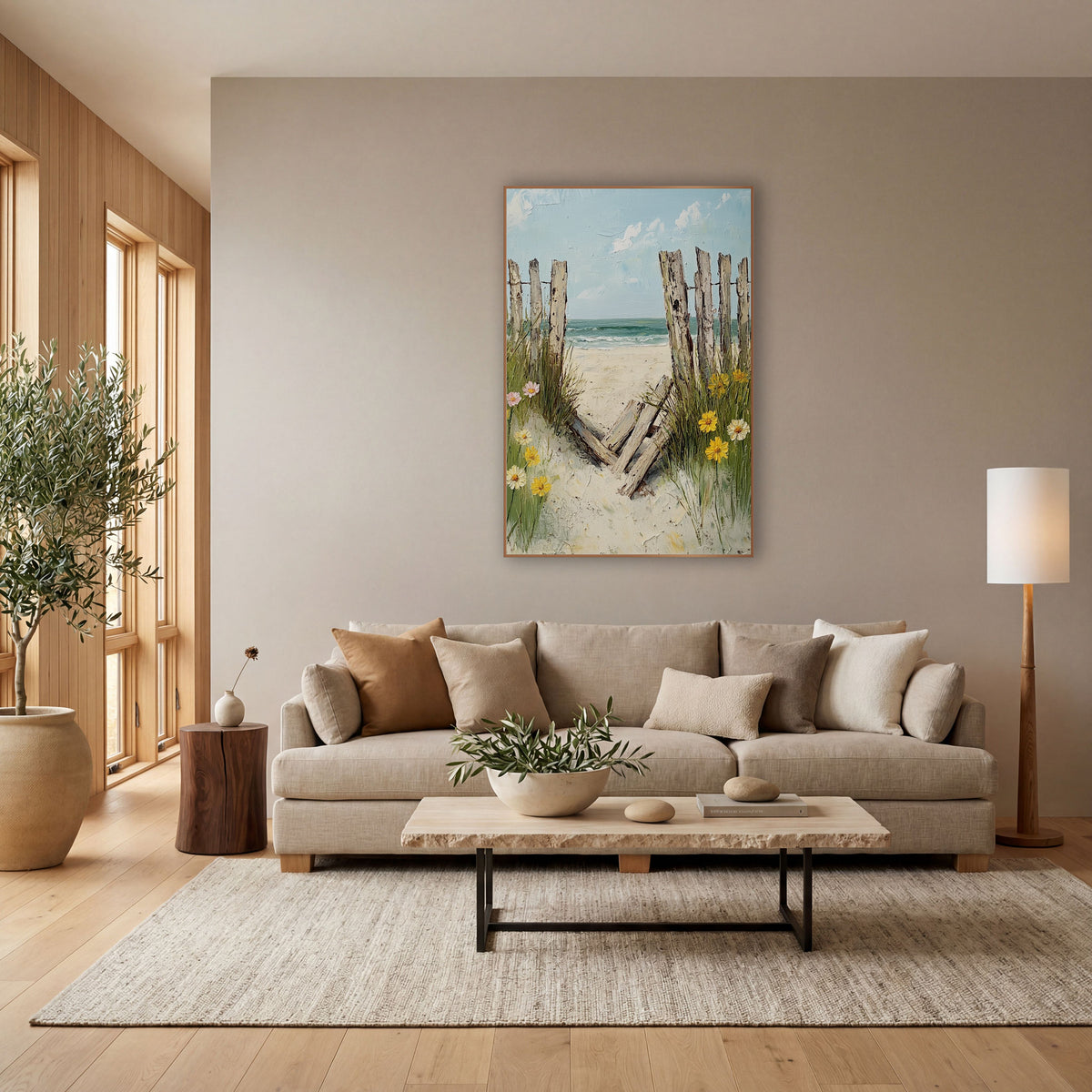 Broken Beach Fence Coastal Daisies wall art in a bright coastal-style room – weathered wooden beach fence with fallen
