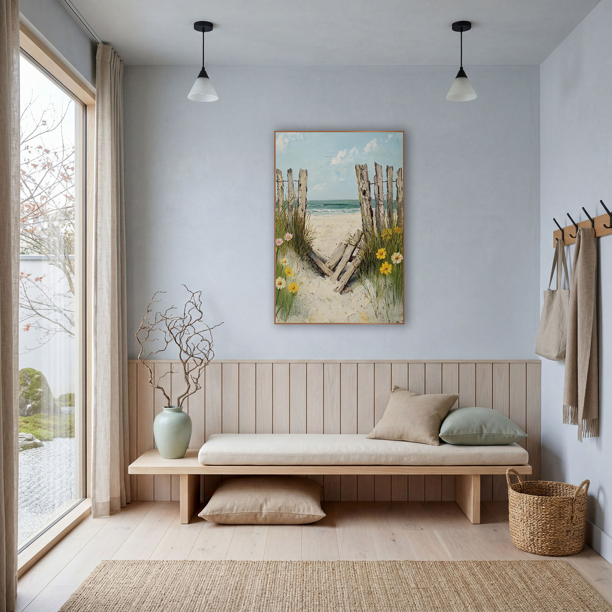 Broken Beach Fence Coastal Daisies wall art in a bright coastal-style room – weathered wooden beach fence with fallen