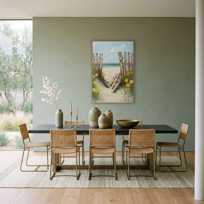 Broken Beach Fence Coastal Daisies wall art in a bright coastal-style room – weathered wooden beach fence with fallen