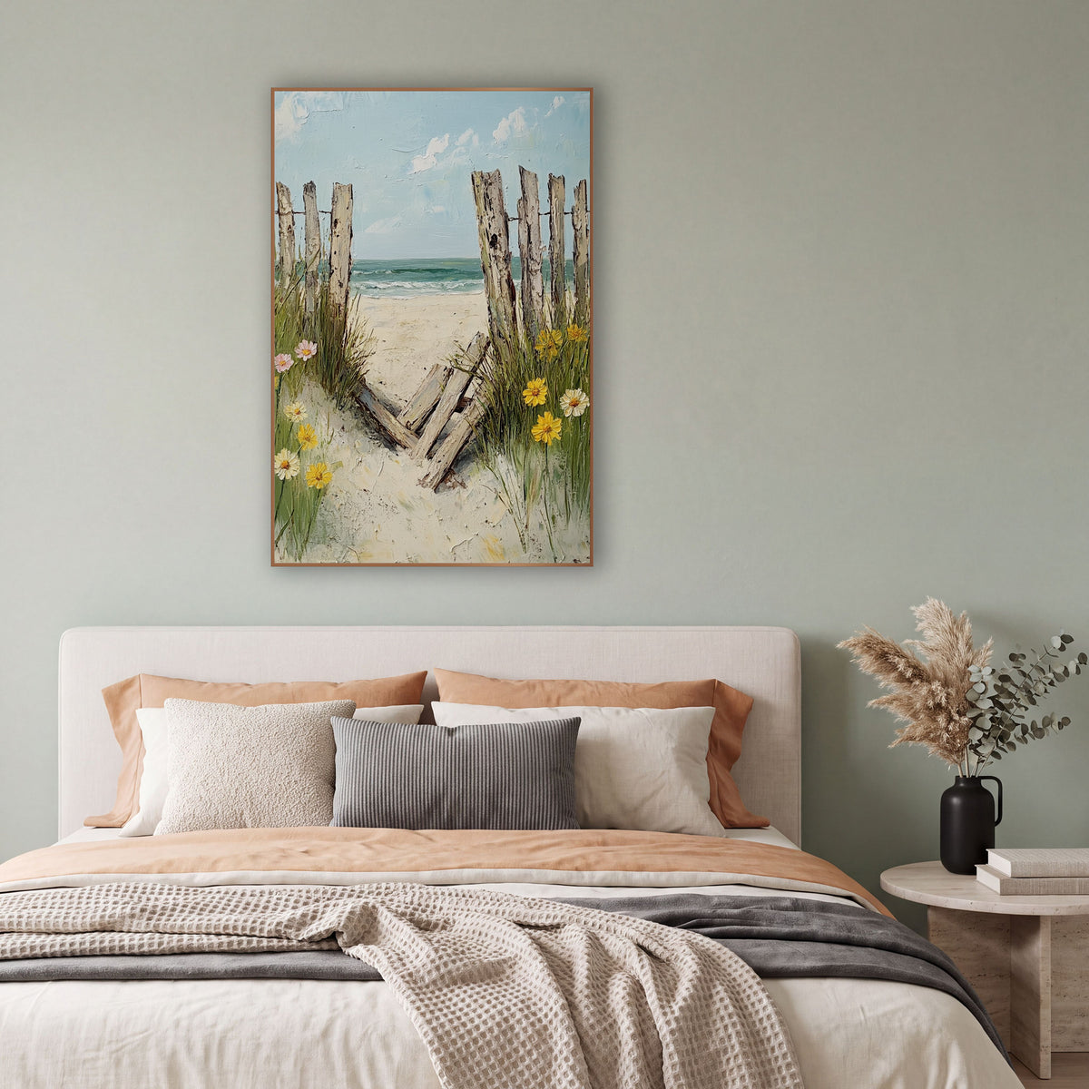 Broken Beach Fence Coastal Daisies wall art in a bright coastal-style room – weathered wooden beach fence with fallen