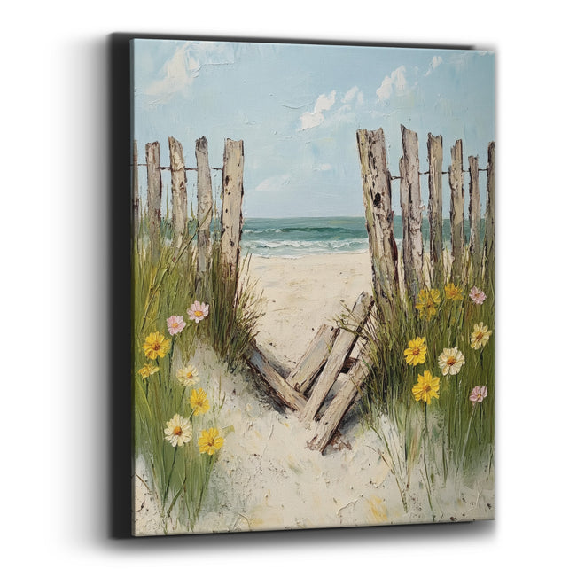 Broken Beach Fence Coastal Daisies Canvas Wall Art
