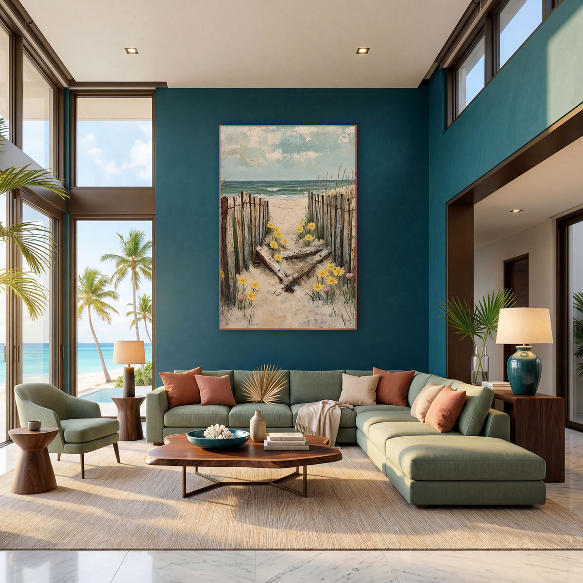 Weathered Beach Fence Yellow Daisies Coastal wall art in a bright coastal-style room – weathered wooden beach fence