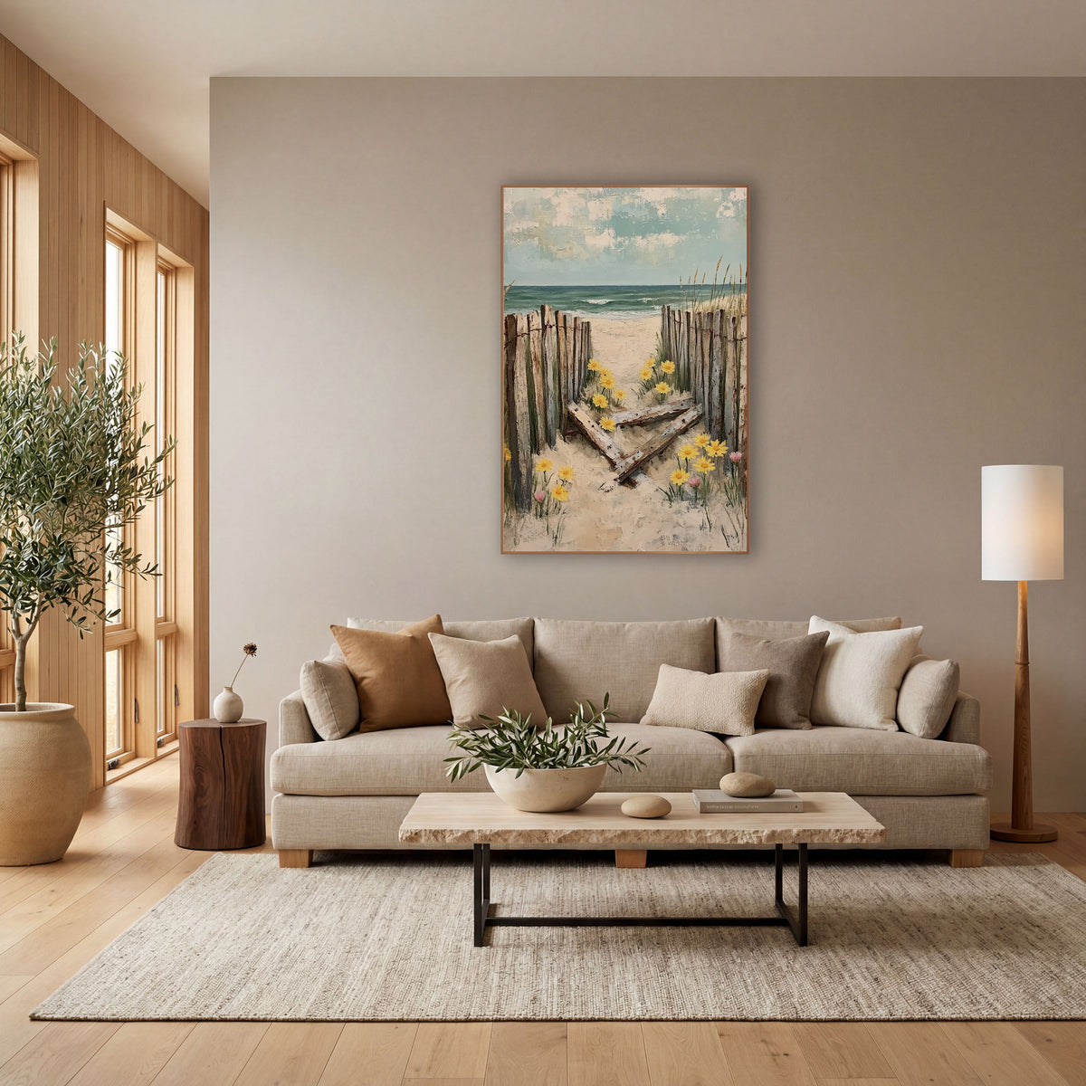 Weathered Beach Fence Yellow Daisies Coastal wall art in a bright coastal-style room – weathered wooden beach fence