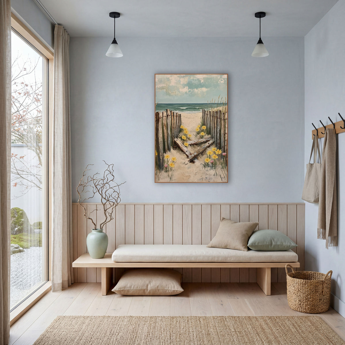 Weathered Beach Fence Yellow Daisies Coastal wall art in a bright coastal-style room – weathered wooden beach fence