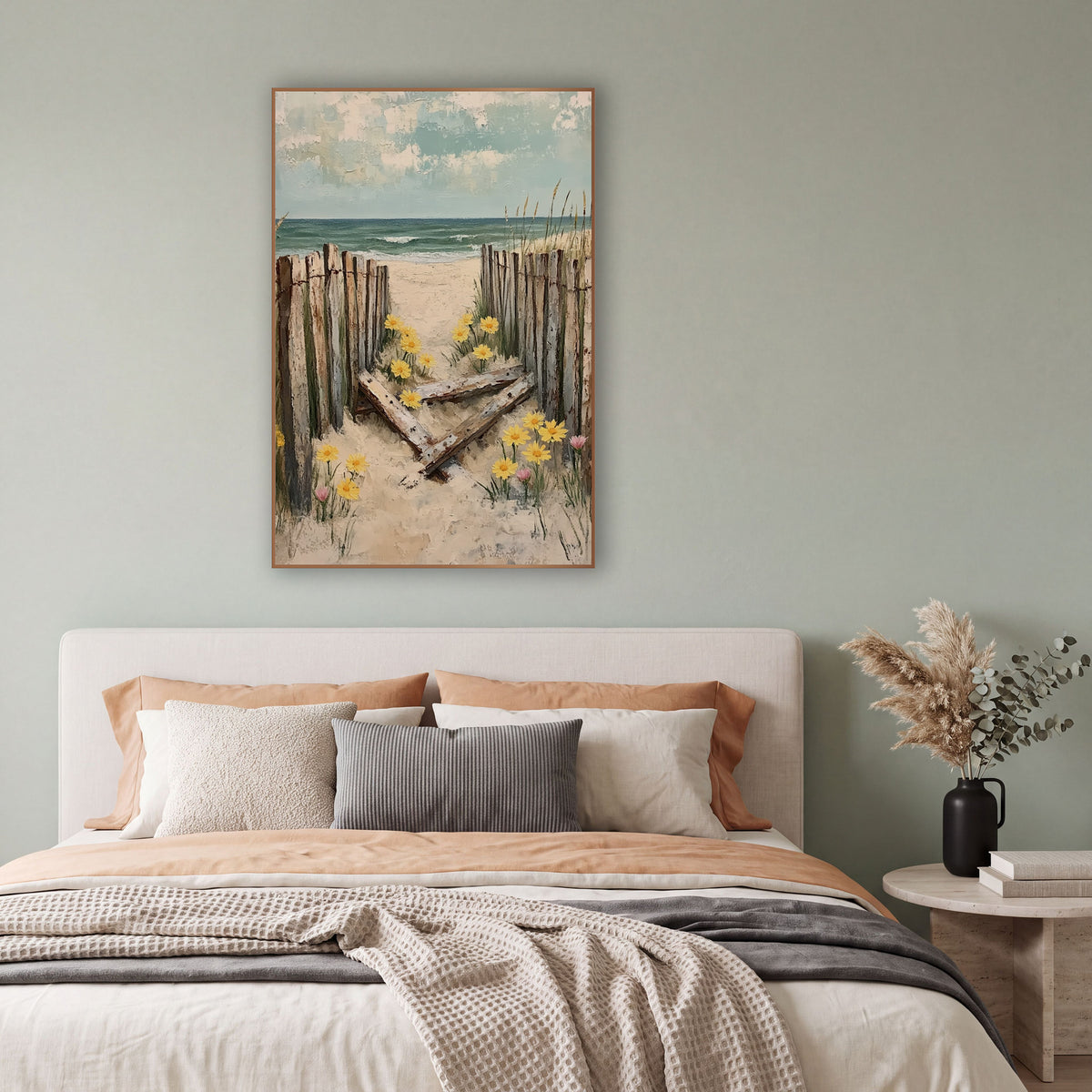 Weathered Beach Fence Yellow Daisies Coastal wall art in a bright coastal-style room – weathered wooden beach fence