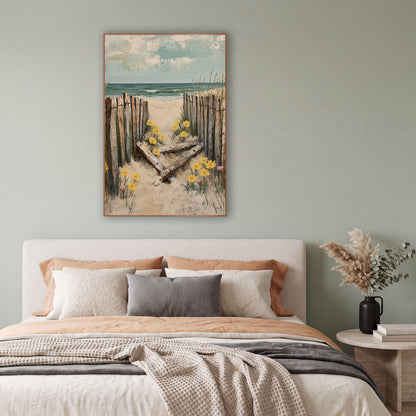 Weathered Beach Fence Yellow Daisies Coastal wall art in a bright coastal-style room – weathered wooden beach fence