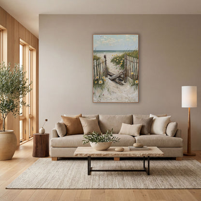 Weathered Beach Gate Daisies Coastal wall art in a bright coastal-style room – weathered wooden beach fence and gate
