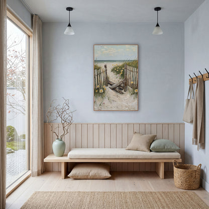 Weathered Beach Gate Daisies Coastal wall art in a bright coastal-style room – weathered wooden beach fence and gate