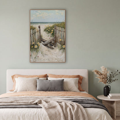 Weathered Beach Gate Daisies Coastal wall art in a bright coastal-style room – weathered wooden beach fence and gate