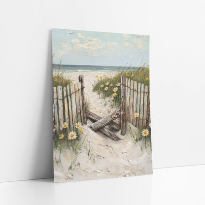 Weathered Beach Gate Daisies Coastal art print leaning against a white wall – weathered wooden beach fence and gate