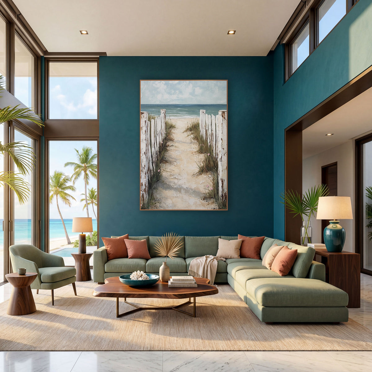 Sandy Beach Path Fence Coastal wall art in a bright coastal-style room – sandy beach path between weathered white