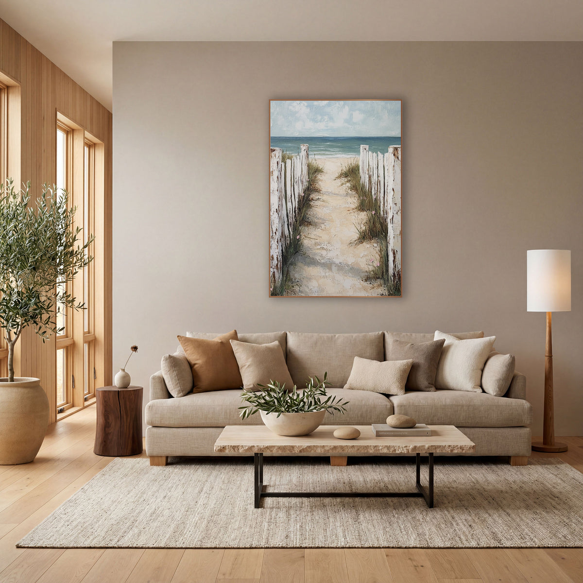 Sandy Beach Path Fence Coastal wall art in a bright coastal-style room – sandy beach path between weathered white