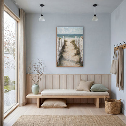 Sandy Beach Path Fence Coastal wall art in a bright coastal-style room – sandy beach path between weathered white