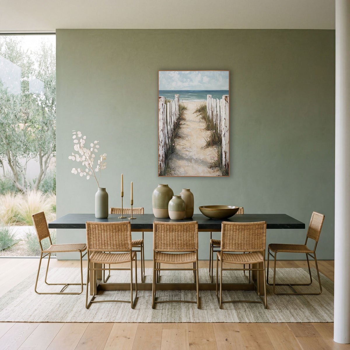 Sandy Beach Path Fence Coastal wall art in a bright coastal-style room – sandy beach path between weathered white