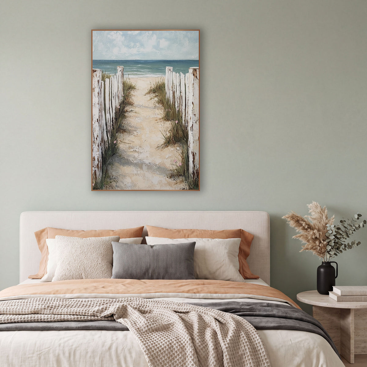 Sandy Beach Path Fence Coastal wall art in a bright coastal-style room – sandy beach path between weathered white