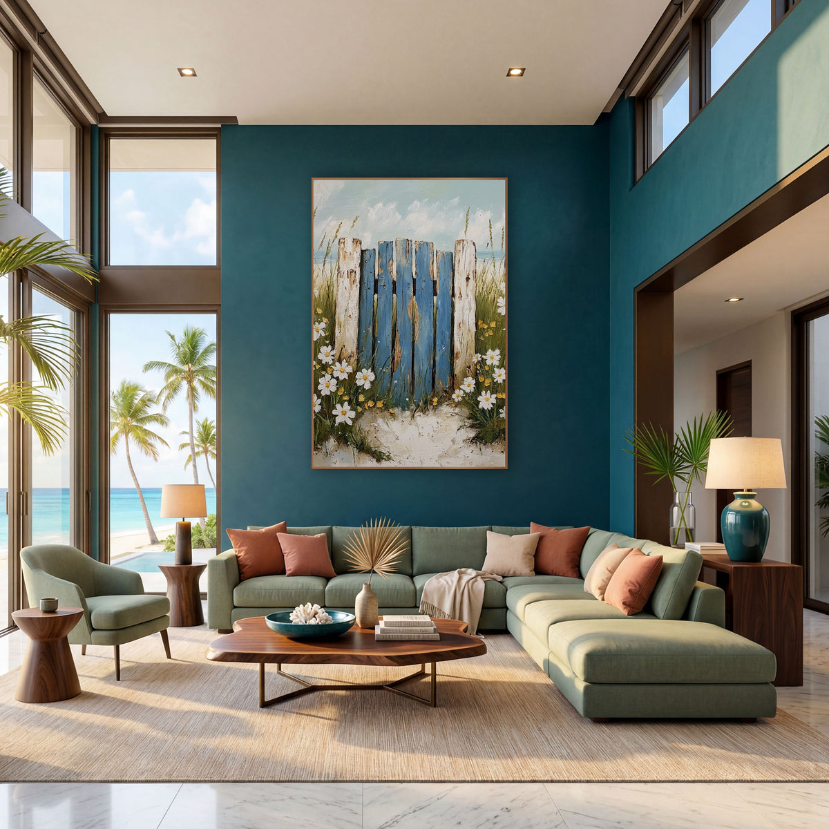 Blue Weathered Beach Gate Coastal wall art in a bright coastal-style room – weathered blue beach fence gate with pale