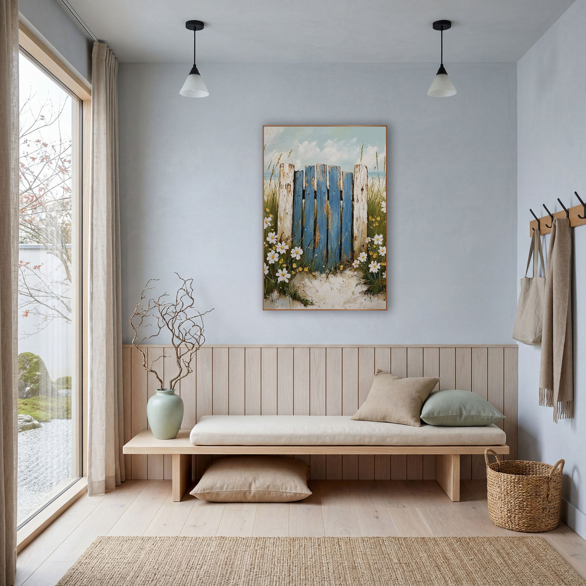 Blue Weathered Beach Gate Coastal wall art in a bright coastal-style room – weathered blue beach fence gate with pale