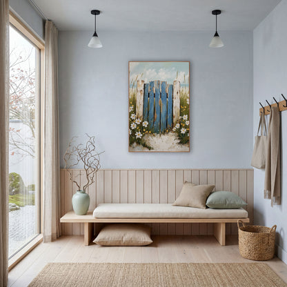 Blue Weathered Beach Gate Coastal wall art in a bright coastal-style room – weathered blue beach fence gate with pale