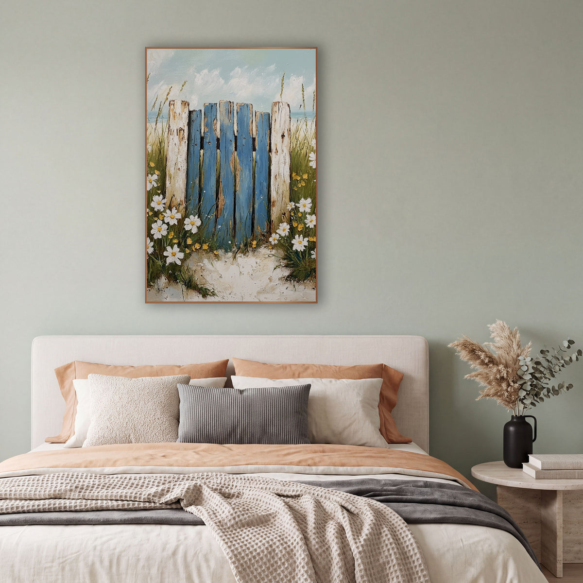 Blue Weathered Beach Gate Coastal wall art in a bright coastal-style room – weathered blue beach fence gate with pale