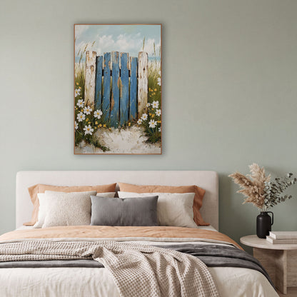 Blue Weathered Beach Gate Coastal wall art in a bright coastal-style room – weathered blue beach fence gate with pale