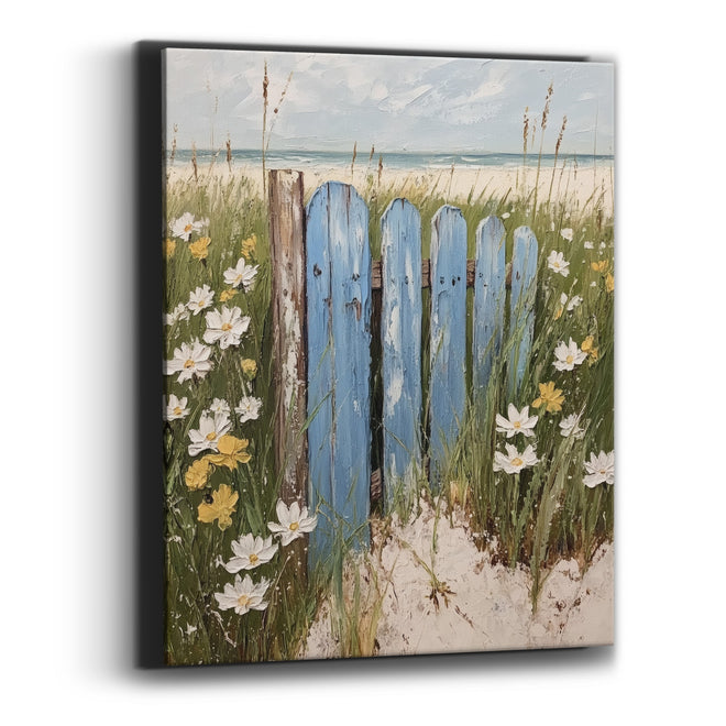 Blue Beach Fence Daisies Coastal Canvas Wall Art