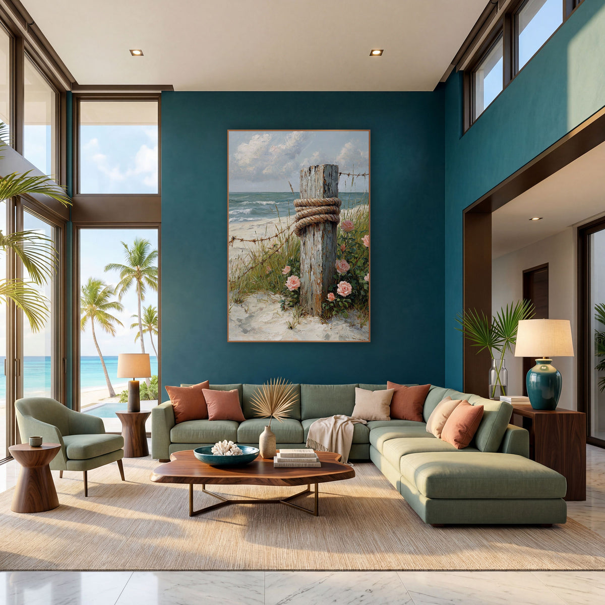 Weathered Post Beach Roses Coastal wall art in a bright coastal-style room – weathered wooden beach post wrapped