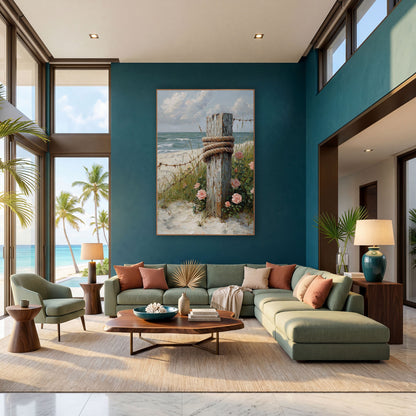 Weathered Post Beach Roses Coastal wall art in a bright coastal-style room – weathered wooden beach post wrapped