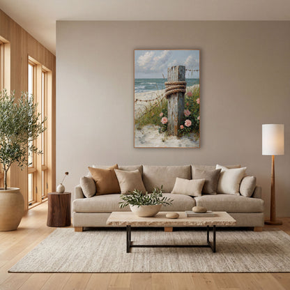 Weathered Post Beach Roses Coastal wall art in a bright coastal-style room – weathered wooden beach post wrapped