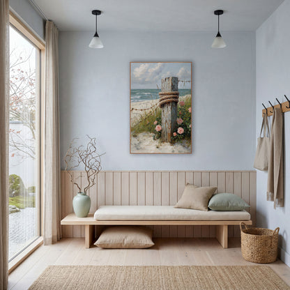 Weathered Post Beach Roses Coastal wall art in a bright coastal-style room – weathered wooden beach post wrapped
