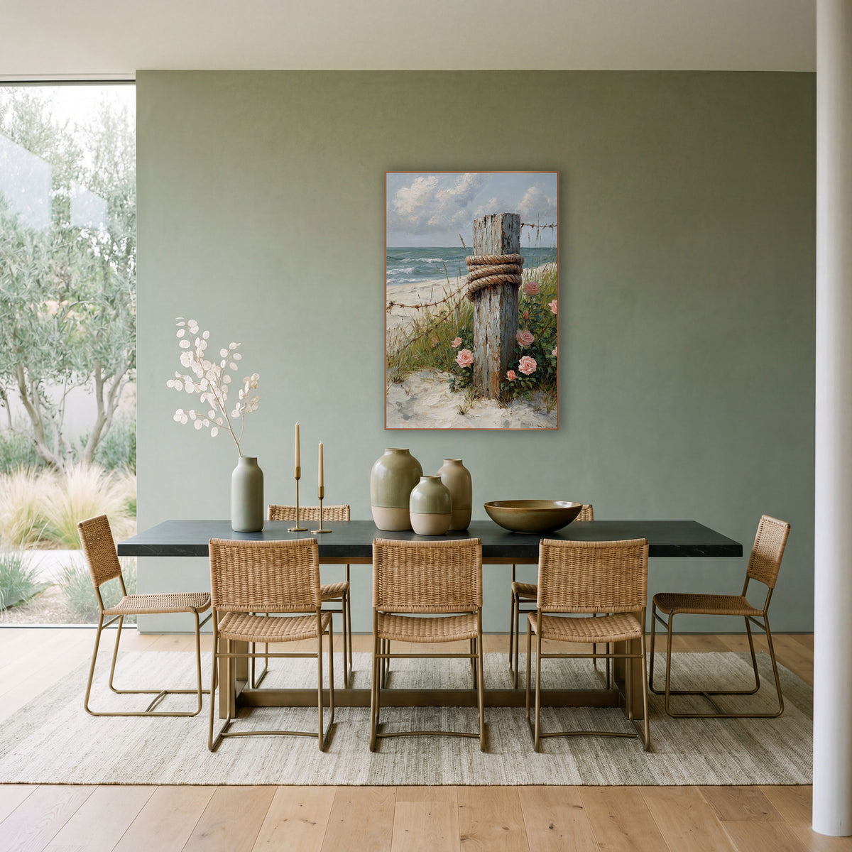 Weathered Post Beach Roses Coastal wall art in a bright coastal-style room – weathered wooden beach post wrapped