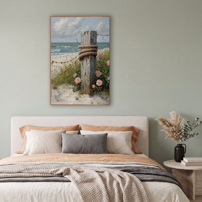 Weathered Post Beach Roses Coastal wall art in a bright coastal-style room – weathered wooden beach post wrapped