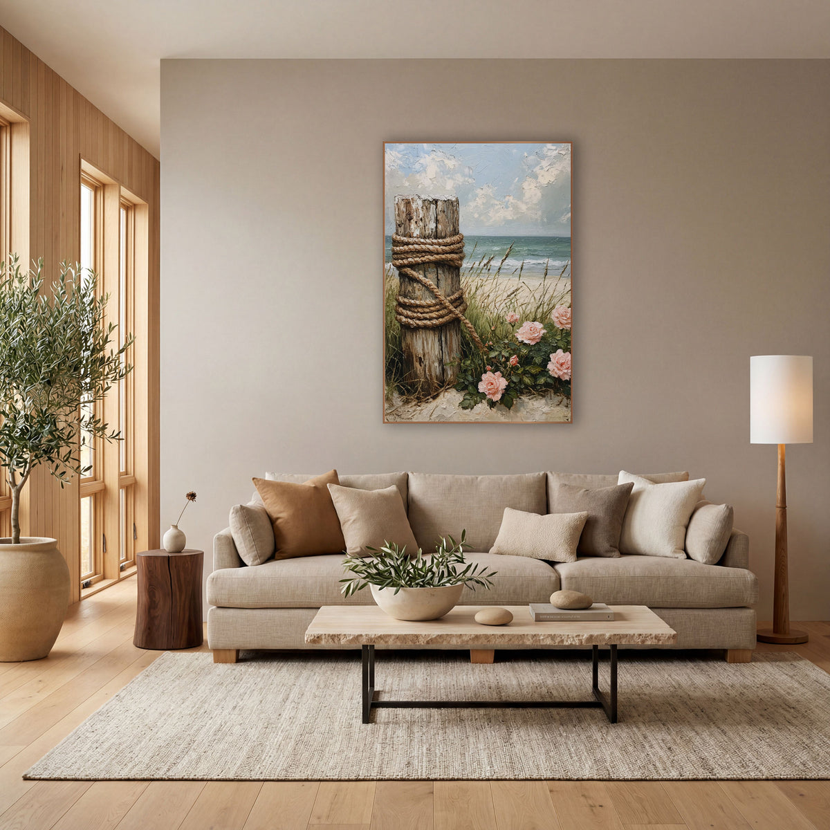 Rope Wrapped Post Beach Roses wall art in a bright coastal-style room – weathered wooden post wrapped in thick rope