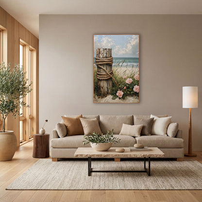 Rope Wrapped Post Beach Roses wall art in a bright coastal-style room – weathered wooden post wrapped in thick rope