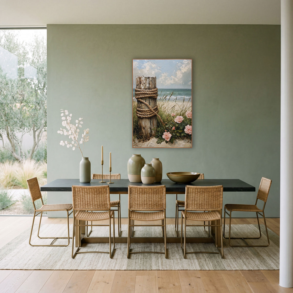Rope Wrapped Post Beach Roses wall art in a bright coastal-style room – weathered wooden post wrapped in thick rope