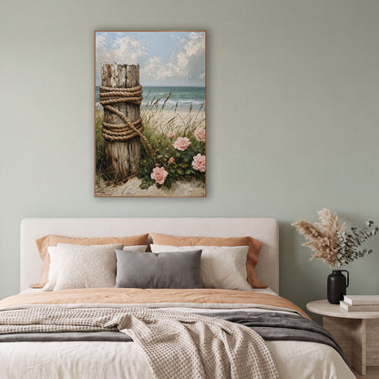 Rope Wrapped Post Beach Roses wall art in a bright coastal-style room – weathered wooden post wrapped in thick rope